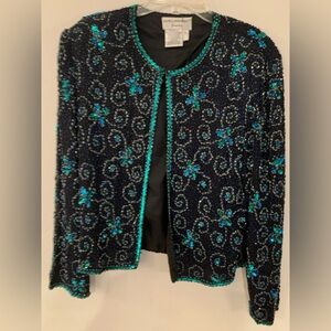 Papell Boutique Black Evening Jacket with Flower Teal Beaded Trim silk shell L